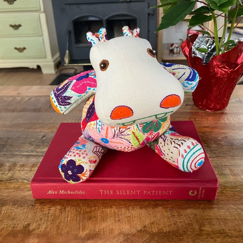 Hand stitched quilted stuffed embroidery hippo plush decor or toy Lou Lou baker